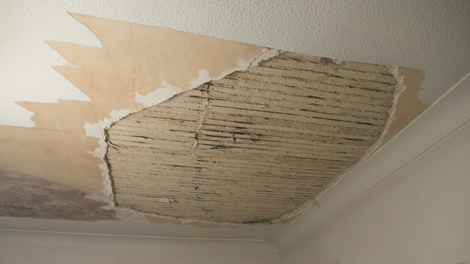 A ceiling with the plaster torn away after a leak
